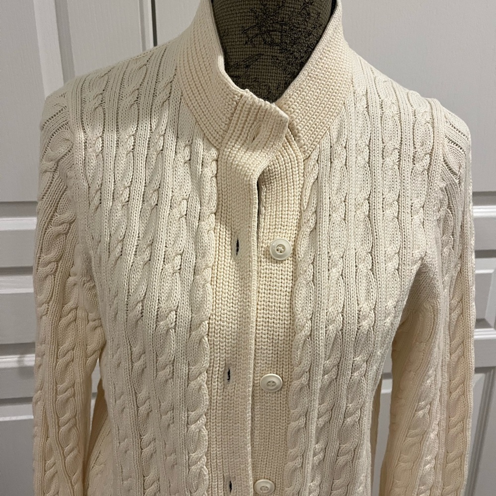 LL Bean Women's Cream Cable Knit Cardigan Sweater - Picture 3 of 8